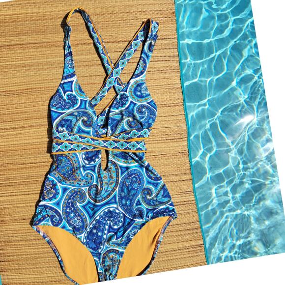 TRINA TURK Provence Paisley One-Piece Halter Swimsuit Size 8  Blue Strappy - Picture 2 of 7